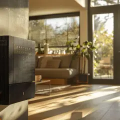 Un radiateur basse consommation noir, design et discret, diffuse une douce chaleur dans un salon lumineux.
