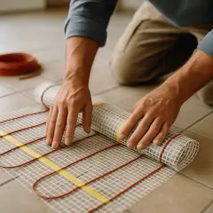 Installation d'un plancher rayonnant électrique. Un homme déroule le tapis chauffant sur le carrelage.