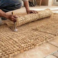 Pose d'un tapis en jonc de mer. Un artisan déroule le rouleau de fibre naturelle sur le sol.