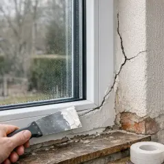 Réparation d'une fissure près d'une placo fenêtre avec une spatule. Le crépi s'effrite, révélant la brique.