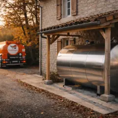 Camion de livraison de fioul près d'une cuve. Le chauffage fioul prix est une préoccupation pour les propriétaires.