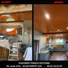 Avant/après d'une cuisine : l'ancien plafond brut laisse place à un magnifique plafond tendu orange brillant, transformant l'espace.