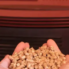Mains de femme tenant des granulés de bois devant un poêle à granulé, illustrant le fonctionnement de cet appareil de chauffage écologique.