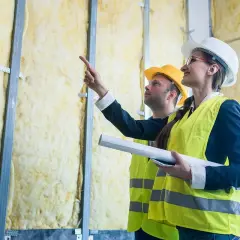 Deux ouvriers inspectent un mur recouvert de matériau isolant thermique, jaune et épais, prêt pour le revêtement.