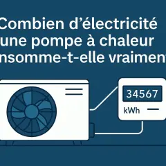 Une pompe à chaleur PAC et un compteur affichant 34567 kWh. Le visuel interroge sur la consommation électrique réelle d'une pompe à chaleur.