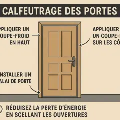 Illustration montrant comment isoler une porte : appliquer un coupe-froid en haut et sur les côtés, installer un balai de porte pour réduire la perte d'énergie.