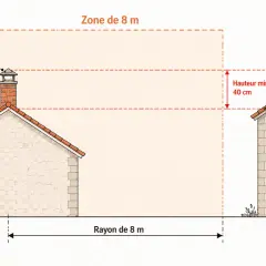 Illustration montrant la distance entre le tubage et le chapeau de cheminée, avec une zone de 8m et une hauteur minimale de 40cm.
