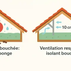 Illustration comparant une ventilation de combles bouchée (isolant éponge) et une ventilation respectée (isolant bouclier). Le prix de l'isolation des combles dépend de ces facteurs.