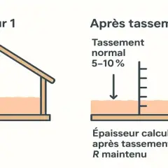 Illustration montrant la laine de roche soufflée dans un grenier le Jour 1, puis après tassement normal (5-10%). Le prix laine de roche soufflée au m2 est impacté par ce tassement.