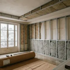 Rénovation d'une pièce avec ossature métallique pour l'isolation phonique. Rouleau de liège au sol, murs et plafond en cours d'isolation.