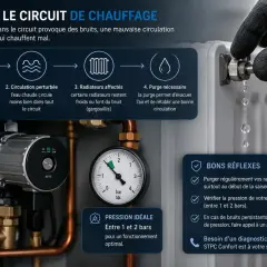 Schéma expliquant l'air dans le circuit de chauffage, avec une pompe, un manomètre et une purge de radiateur. Le **vase d'expansion chaudière** est essentiel pour le bon fonctionnement.