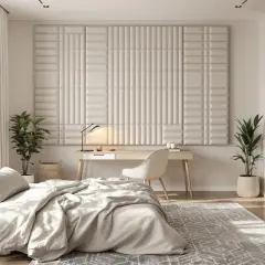 Chambre à coucher moderne avec mur capitonné, idéal pour comment insonoriser une chambre à coucher. Un bureau, une étagère remplie de livres et un lit douillet.