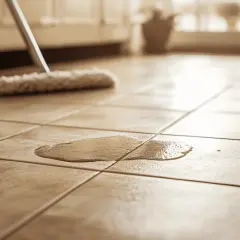 Une serpillière est prête à nettoyer un carrelage très encrassé, avec une flaque d'eau sur le sol.