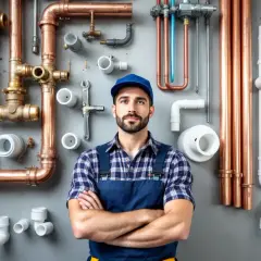 Un plombier confiant pose devant une installation de plomberie complexe, mêlant cuivre et PVC.
