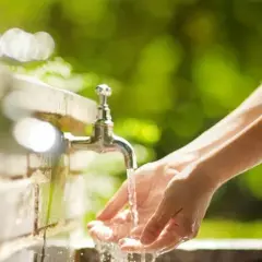 Mains sous un robinet extérieur. La hauteur du robinet extérieur est idéale pour se laver les mains dans ce cadre verdoyant.