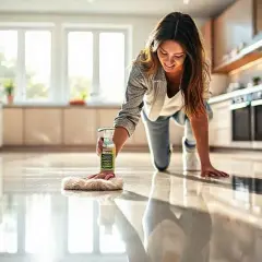 Une femme nettoie son carrelage avec un produit qui le fait briller. Le sol reflète la lumière, signe du meilleur produit pour faire briller le carrelage.