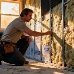 Un homme installe de l'isolant dans un mur, améliorant l'isolation phonique du mur mitoyen.
