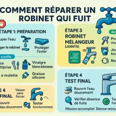 Guide illustré pour réparer un robinet de salle de bain qui fuit. Étapes : préparation, robinet mélangeur, et test final.