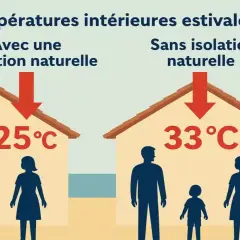 Deux maisons sous le soleil : l'une à 25°C avec isolation, l'autre à 33°C sans. L'inertie thermique protège du chaud.