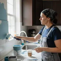 Une femme peint son carrelage mural de cuisine en bleu clair. Elle utilise un rouleau pour appliquer la peinture, cherchant la meilleure peinture pour carrelage mural cuisine.
