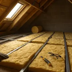 Pose de laine de verre dans un grenier. Un rouleau de matériau isolant est visible, ainsi que des lunettes de protection et un cutter.
