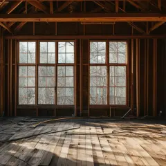 Intérieur d'une maison en construction, bois apparent, fenêtres donnant sur des arbres. Le **traitement charpente avant isolation** est visible.