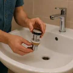 Main tenant les pièces d'un schema montage bonde lavabo, prêt à installer le nouveau système de vidage dans le lavabo blanc.