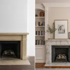 Avant/après : une cheminée en pierre beige transformée en marbre élégant, avec des étagères intégrées pour moderniser l'espace.