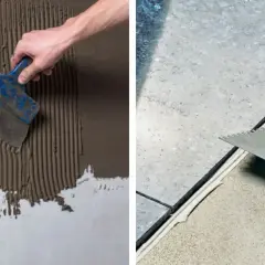 Application de colle carrelage sur carrelage avec une spatule crantée pour une pose parfaite.