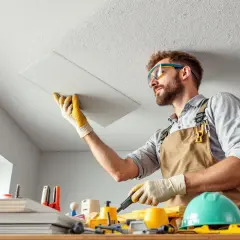 Un bricoleur avec des lunettes de protection et des gants est en train de coller du placo au plafond.