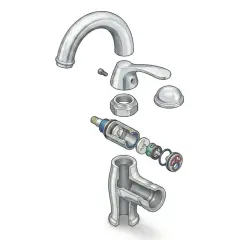 Pièces détachées d'un robinet, montrant comment changer cartouche mitigeur.