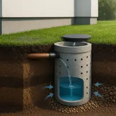Système de puisard pour l'évacuation eau de pluie. L'eau s'infiltre dans le sol via un puits perforé.
