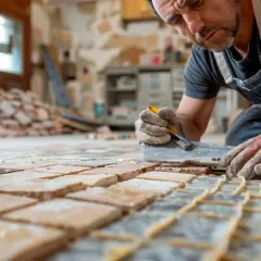 Un artisan concentré utilise un outil pour enlever le carrelage ancien, préparant le sol pour une nouvelle pose.