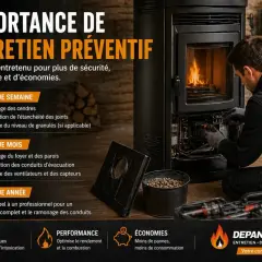 Un technicien vérifie un poêle à granulés, soulignant l'importance de l'entretien préventif et du ramonage annuel pour la sécurité et la performance.