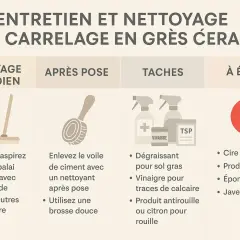 Image d'entretien de carrelage : une trace de pas sur carrelage mat, avec des conseils de nettoyage et des produits à éviter.