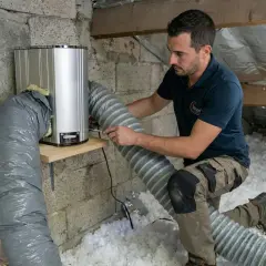 Un technicien installe un système de vph ventilation dans un grenier isolé.