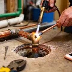 Un plombier réalise une soudure cuivre plomberie sur un raccord en T. Des outils et un téléphone sont posés à proximité.