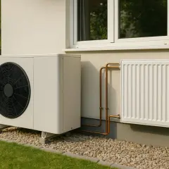 Unité extérieure d'une pompe à chaleur haute température, connectée à un radiateur blanc par des tuyaux de cuivre.