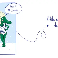 Une alligator en maillot de bain, indifférente au froid, à côté d'un bonhomme de neige. Avis pompe à chaleur grand froid : elle n'en a pas besoin !