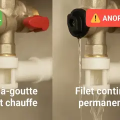 Comparaison : goutte à goutte normal pendant le chauffage vs. filet continu anormal. Un groupe de sécurité est essentiel pour éviter les fuites.