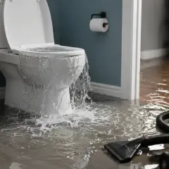 Toilettes qui débordent, inondant la salle de bain. Un aspirateur eau et poussière est prêt pour aider à comment vider l'eau des toilettes.