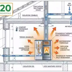 Schéma d'une maison RE2020 : poêle à bois avec conduit isolé, échangeur thermique, VMC double flux et isolation renforcée.