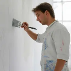 Un peintre, vêtu d'une chemise tachée, applique une couche de peinture sur un mur déjà peint, esquissant un portrait.