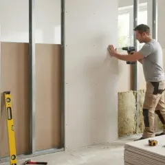 Un ouvrier fixe une plaque de plâtre sur une ossature métallique. Le chantier progresse pour créer une nouvelle cloison.