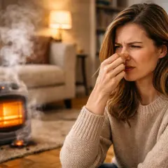 Une femme pince son nez à cause d'une odeur dangereuse émanant d'un poêle à pétrole fumant.