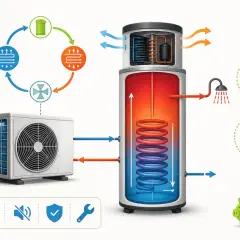 Schéma d'un chauffe-eau thermodynamique montrant son fonctionnement et ses avantages : économie, écologie, confort. La durée de vie de cet appareil est optimisée par sa conception.