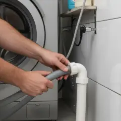 Mains de personne effectuant le branchement machine à laver, connectant le tuyau gris à un raccord blanc sur un tuyau d'évacuation vertical.