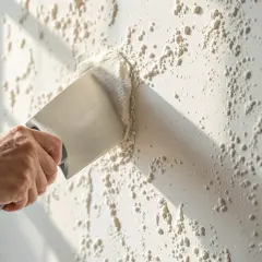 Main d'un artisan appliquant un crépi au rouleau sur un mur texturé. La lumière du soleil crée des ombres sur la surface.