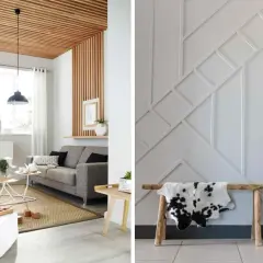 Idées pour comment habiller un mur avec des tasseaux : un plafond en bois et un mur décoratif géométrique.