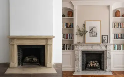 Avant/après : une cheminée ouverte en pierre est transformée en un élégant foyer en marbre, entouré de bibliothèques.